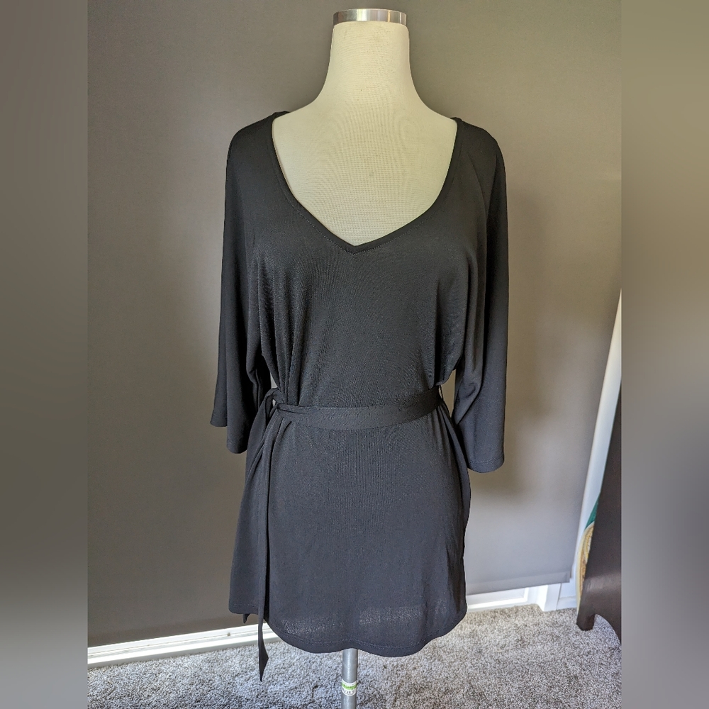 Anthropologie, Deletta black flowly sleeves long top with waistband (sz M)